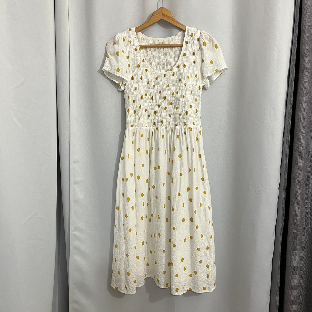 Mystree Polka Dot Midi Dress Womens S White Yellow Smocked Puff Sleeve‎ Cottage